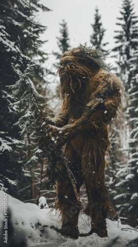 Realistic live troll in the forest in winter season with snow. The creature emerges from underground