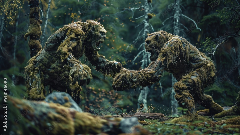 Obraz premium Realistic living two fighting for territory trolls in the forest in Norway