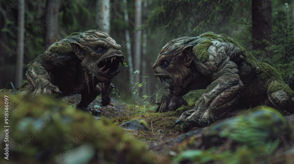 Realistic living two fighting for territory trolls in the forest in Norway Realistic living two fighting for territory trolls in the forest in Norway