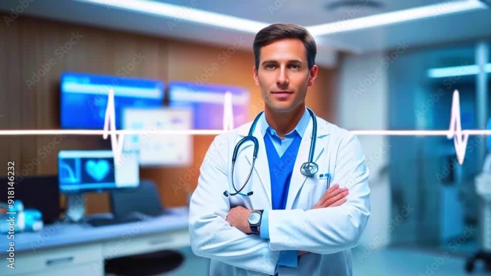 A confident male doctor in a white coat stands with his arms crossed in a hospital room with medical equipment in the background and a glowing heartbeat monitor. A confident male doctor in a white coat stands with his arms crossed in a hospital room with medical equipment in the background and a glowing heartbeat monitor.