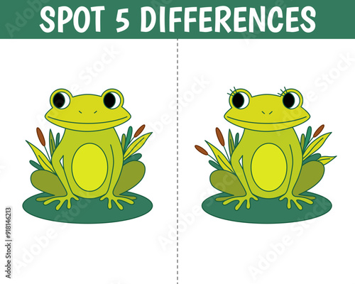 Cute frog in cartoon style. Find 5 differences. Educational matching animal game for children. Printable worksheet with solution for school and preschool.