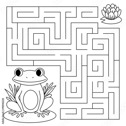 Animal maze game for kids. Cute line frog looking for a way to the water lily. Printable worksheet with solution for school and preschool. Vector cartoon illustration.