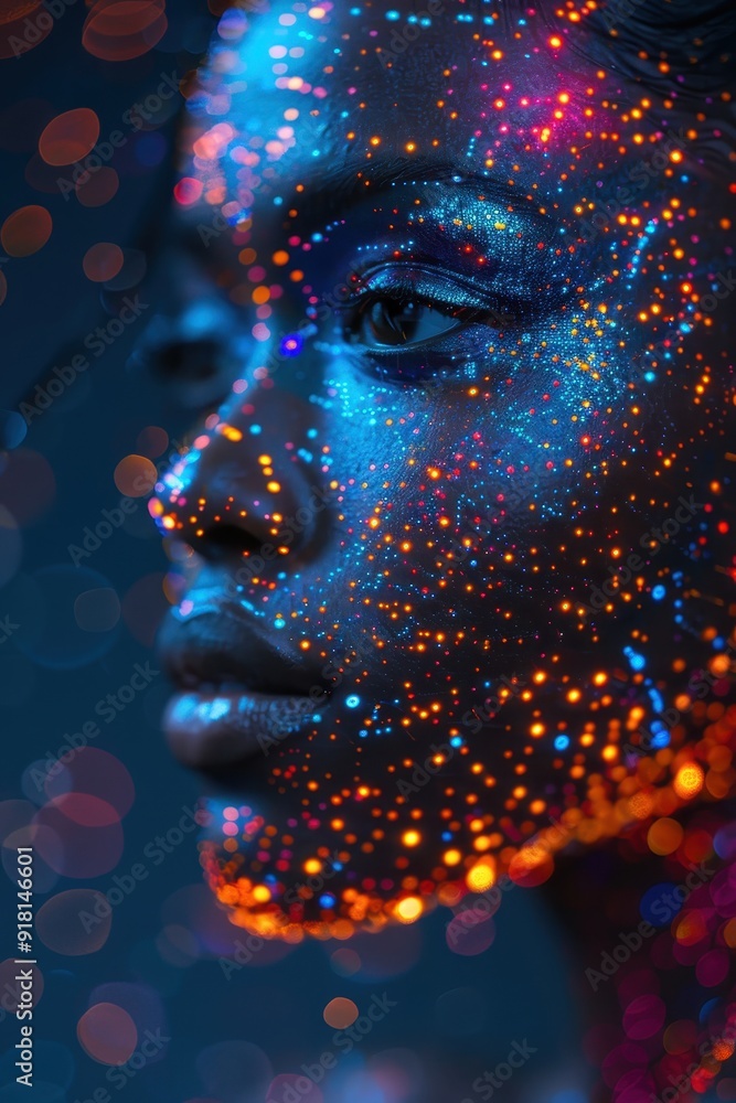 Vibrant Portrait of a Woman with Neon Lights and Glitter on Face in Dark Background Vibrant Portrait of a Woman with Neon Lights and Glitter on Face in Dark Background
