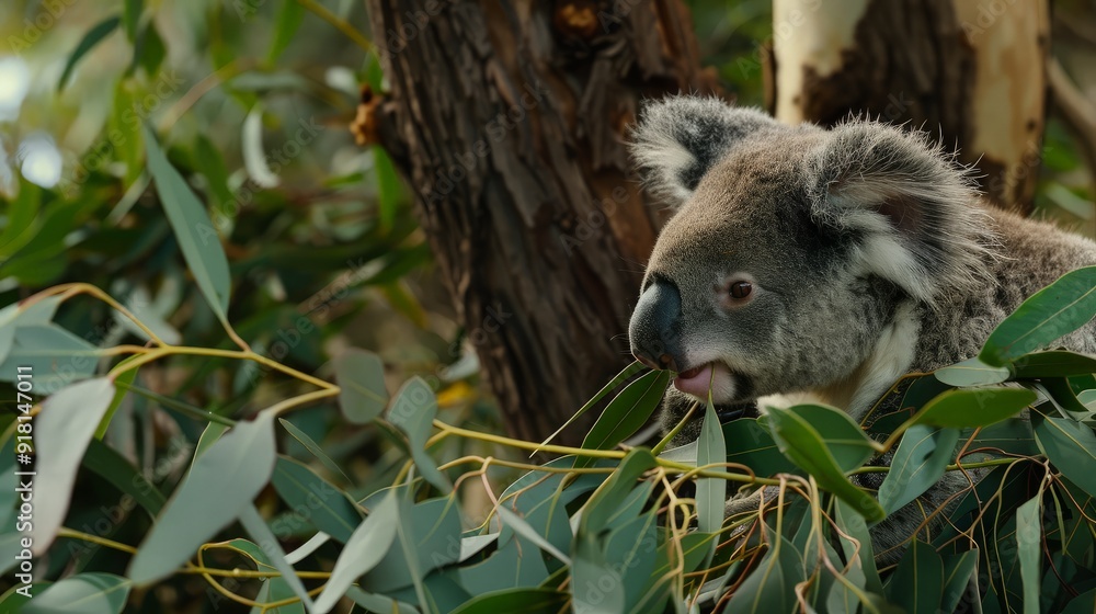 Obraz premium Koala Eating Eucalyptus Leaves in a Tree