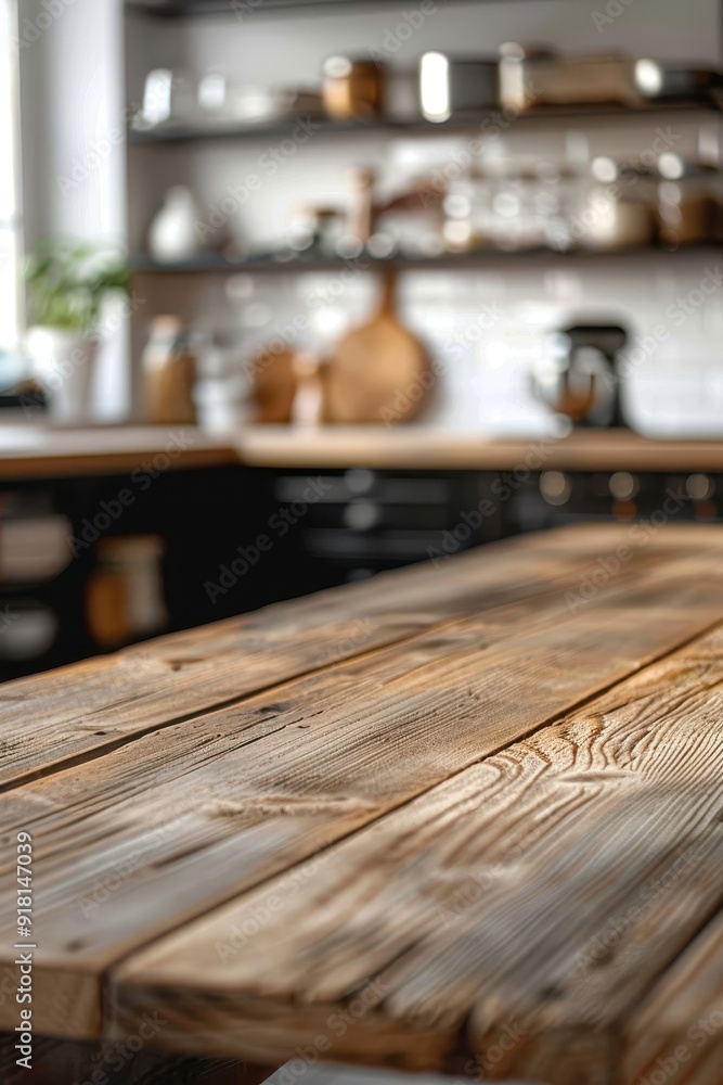 Rustic Wooden Kitchen Table with Modern Kitchen Background Featuring Shelves and Kitchenware Rustic Wooden Kitchen Table with Modern Kitchen Background Featuring Shelves and Kitchenware