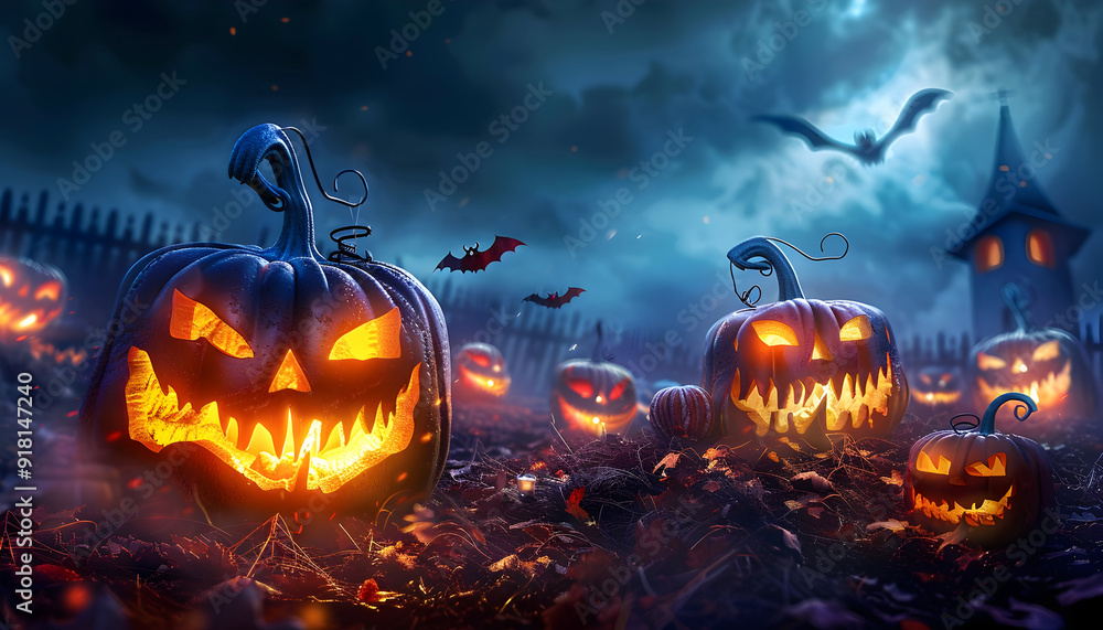 Happy Halloween celebration with Glowing Jack O Lantern in a dark mist Forest on Halloween.