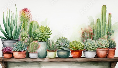 水彩画の屋内の棚の上の多肉植物とサボテンとコピースペース（Succulents and cacti on shelves indoors in watercolor with copy space） 