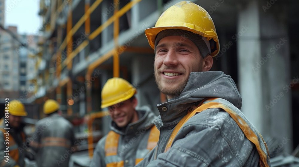 Smiling Construction Workers in Safety Gear at Building Site Smiling Construction Workers in Safety Gear at Building Site