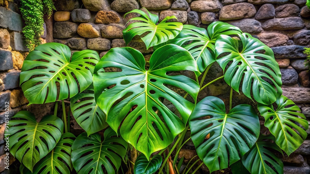 Obraz premium Vibrant green Monstera deliciosa plant with heart-shaped leaves and holes, growing up a moss-covered stone wall, surrounded by lush tropical foliage in a bright interior space.