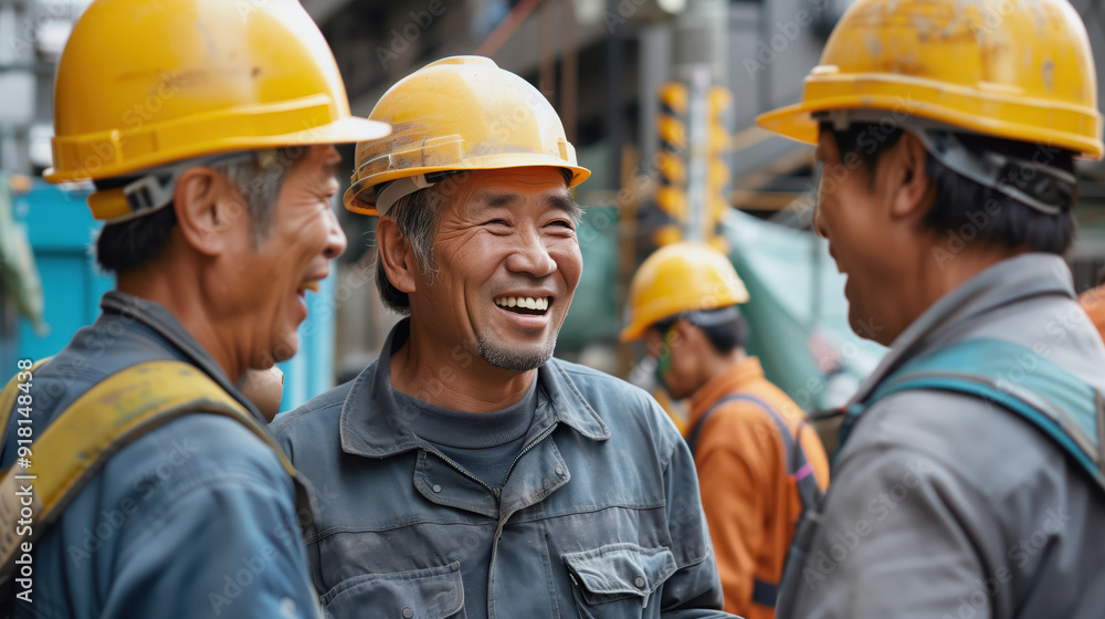 Team of Construction Workers Smiling and Engaging in Friendly Conversation on Job Site Team of Construction Workers Smiling and Engaging in Friendly Conversation on Job Site