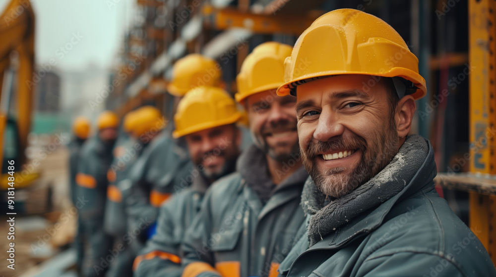 Happy Construction Workers in Uniform Smiling on a Job Site Happy Construction Workers in Uniform Smiling on a Job Site