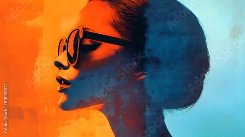 A movie poster with an orange and blue background, featuring the silhouette of A woman wearing sunglasses in profile, and digital art techniques blend seamlessly to create photo