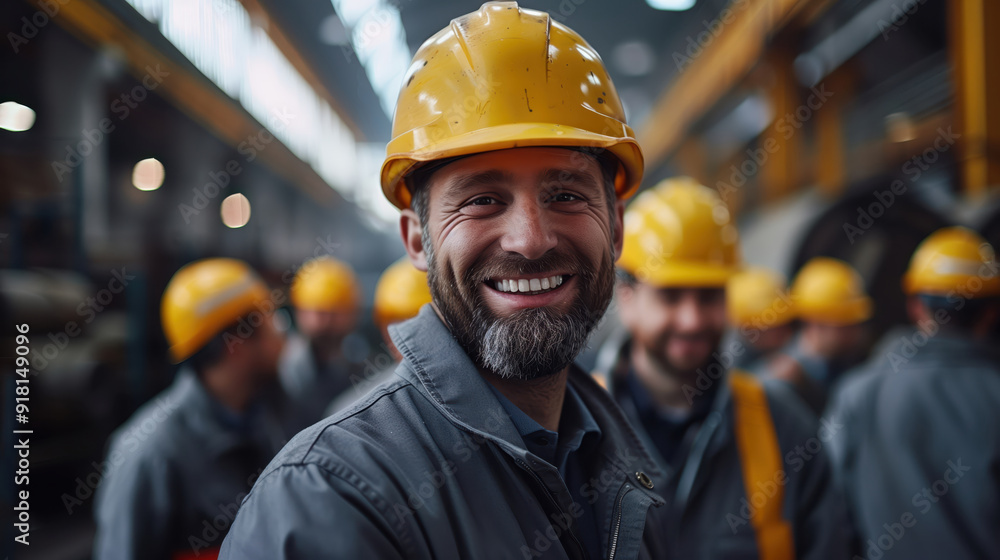 Smiling Construction Workers Wearing Protective Helmets on the Job Site Smiling Construction Workers Wearing Protective Helmets on the Job Site