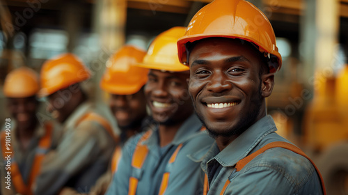 Smiling Construction Workers in Hard Hats on Site Showing Team Spirit and Positivity