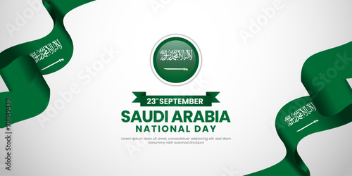 Saudi Arabia independence day waving ribbon flag copy space background