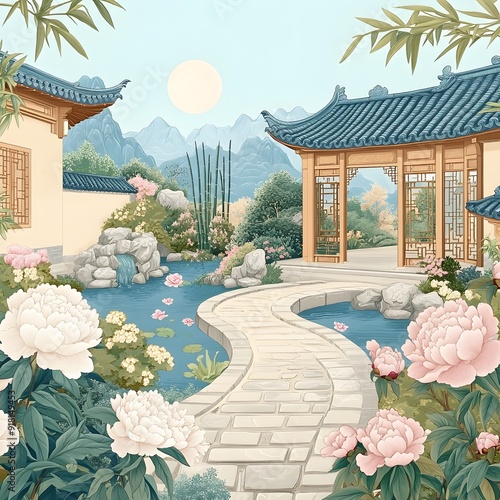  Chinese garden with flowers and house