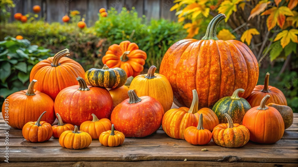 Vibrant orange pumpkins of varying sizes and shapes are arranged on a rustic wooden table, awaiting judging in a festive autumn harvest competition. Vibrant orange pumpkins of varying sizes and shapes are arranged on a rustic wooden table, awaiting judging in a festive autumn harvest competition.