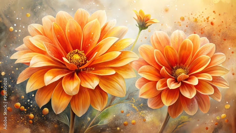 Fototapeta premium Vibrant orange watercolor flower blooms on a soft, textured background, petals delicately unfolding, surrounded by gentle splashes of color, evoking whimsy and warmth.