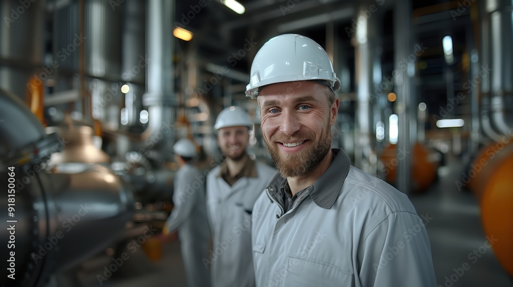 Smiling Industrial Workers in Hard Hats Inside Modern Manufacturing Plant Smiling Industrial Workers in Hard Hats Inside Modern Manufacturing Plant