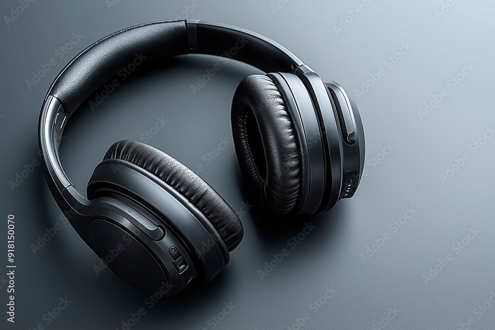 Wireless headphones on a dark surface with a sleek design, copy space for text, music producer banner, music advertising Wireless headphones on a dark surface with a sleek design, copy space for text, music producer banner, music advertising