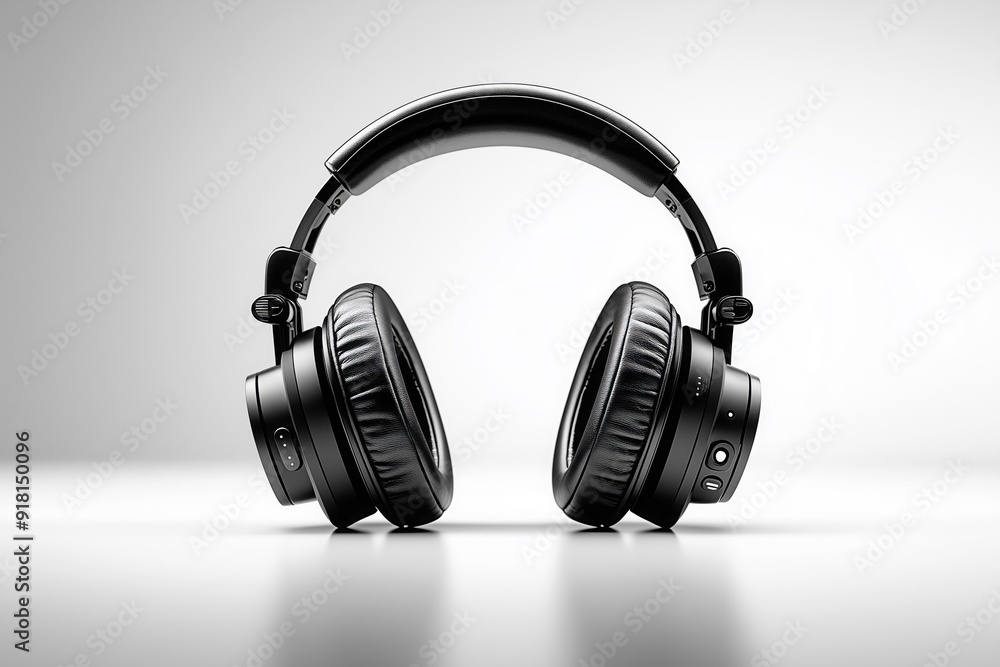 Black wireless headphones on a minimalist background showcasing sleek design, music producer banner, music advertising Black wireless headphones on a minimalist background showcasing sleek design, music producer banner, music advertising