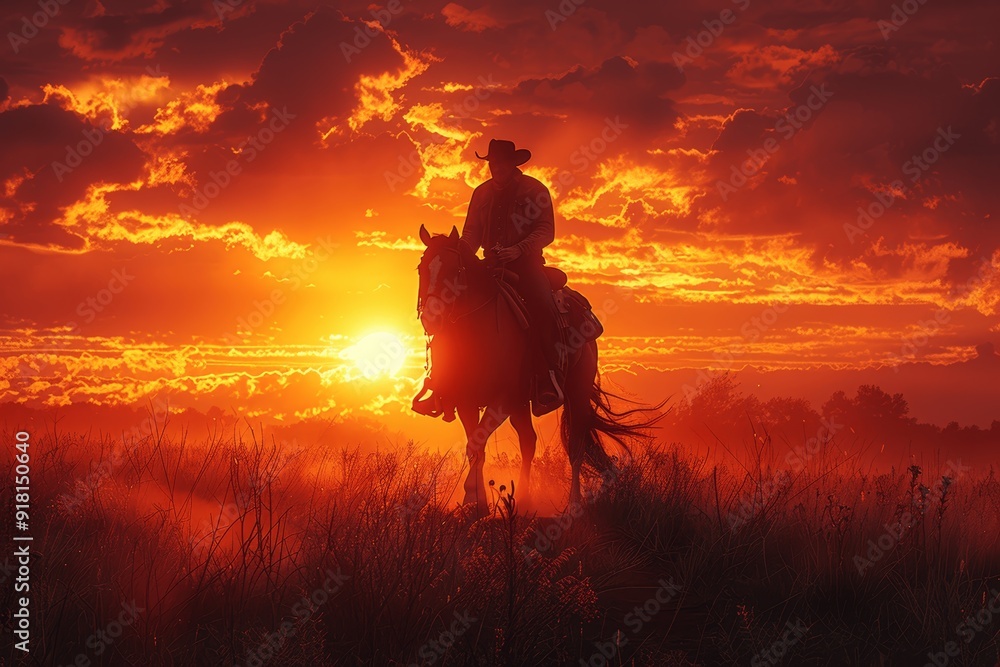 Cowboy Herding Cattle at Sunset on a Western Ranch Cowboy Herding Cattle at Sunset on a Western Ranch
