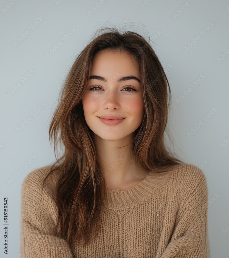portrait of beautiful woman with brown hair smiling on white background, wearing casual sweater portrait of beautiful woman with brown hair smiling on white background, wearing casual sweater
