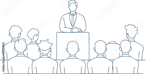 continuous single line drawing of keynote speaker and audience at business conference, line art vector illustration