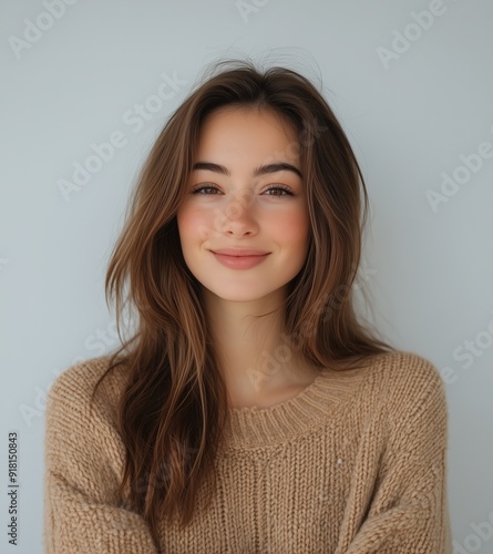 Wallpaper Mural portrait of beautiful woman with brown hair smiling on white background, wearing casual sweater Torontodigital.ca