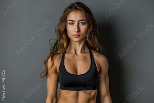 Sexy fitness woman. Beautiful athletic girl, isolated on the gray background