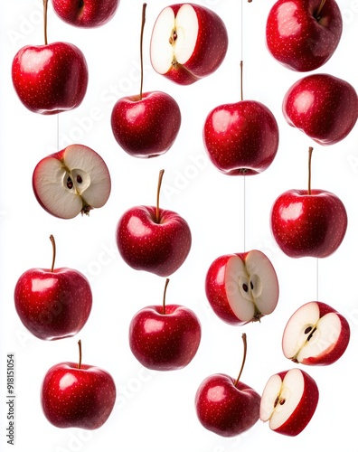 Red apples and sliced red apples flying in the air isolated on a white background with clipping path
