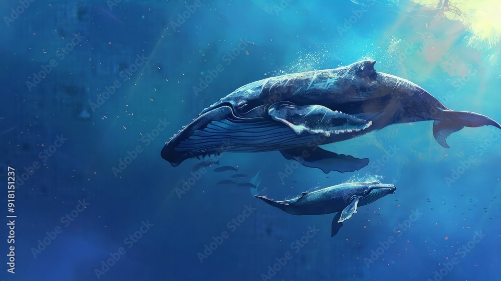 Fototapeta premium Humpback Whale Mother and Calf in the Blue