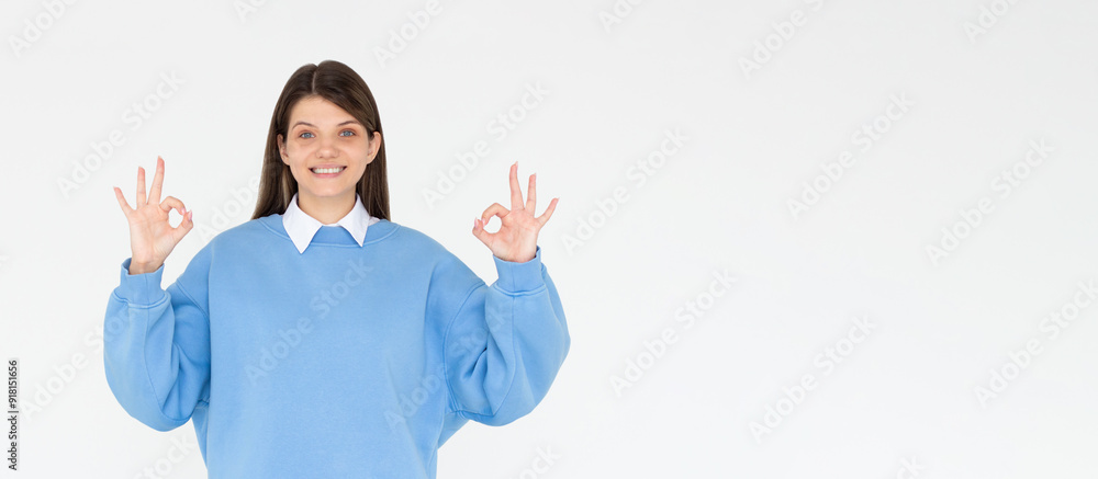 Photo of girl make show okay sign isolated white color background Photo of girl make show okay sign isolated white color background