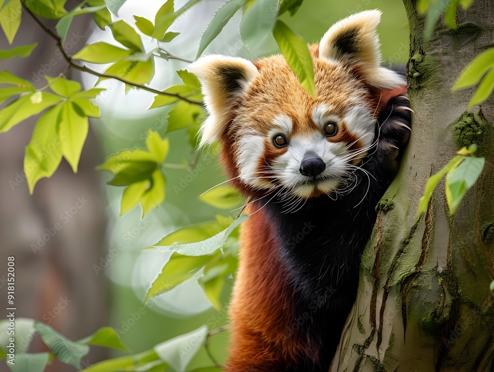 Playful Red Panda Climbing Tree Amidst Green Leaves in Wildlife Habitat Playful Red Panda Climbing Tree Amidst Green Leaves in Wildlife Habitat