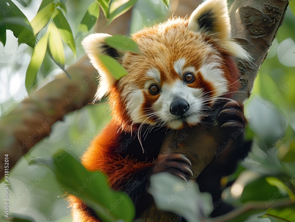 Adorable Red Panda Climbing a Lush Green Tree Surrounded by Leaves Adorable Red Panda Climbing a Lush Green Tree Surrounded by Leaves