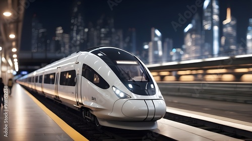 Fast train at the station with a blurry nighttime cityscape in the backdrop. Digital representation of an unbuilt train model created using post-production generative AI.  photo