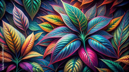 Vibrant, swirling patterns of a psychedelic plant's leaves and stems mesmerize against a dark background, evoking a sense of trippy, surreal wonder and natural beauty. photo