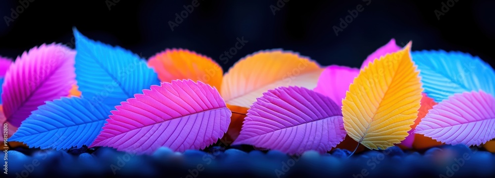 Naklejka premium Vibrant autumnal Beech leaves in neon shades of blue, pink, yellow, and orange, creating a striking and colorful display against a dark background.