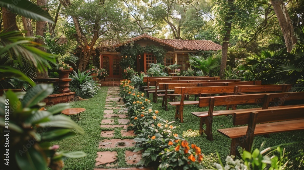 Outdoor wedding ceremony with a backdrop of nature, featuring a serene forest setting with lush greenery Outdoor wedding ceremony with a backdrop of nature, featuring a serene forest setting with lush greenery