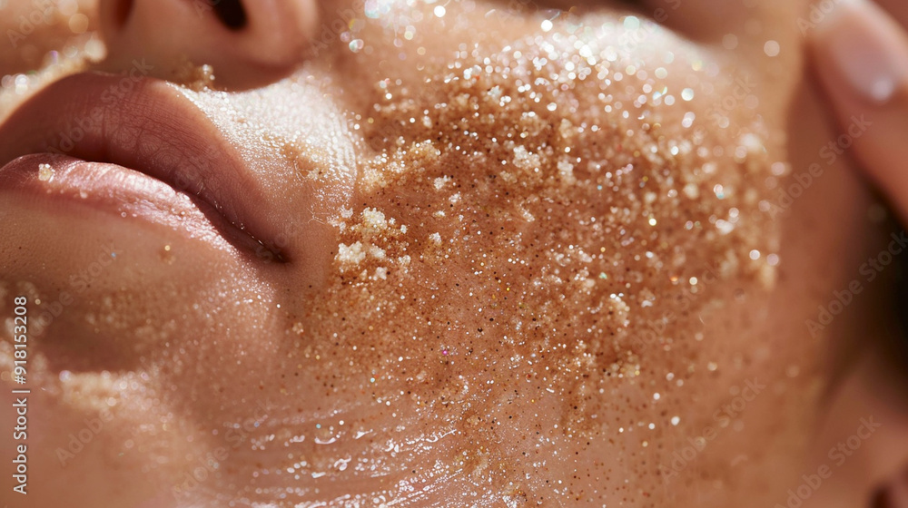 Fototapeta premium Close-up of a gentle exfoliating scrub being massaged into the skin, showing the granules and skin glow