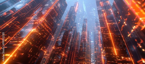 Futuristic Cityscape with Glowing Lines