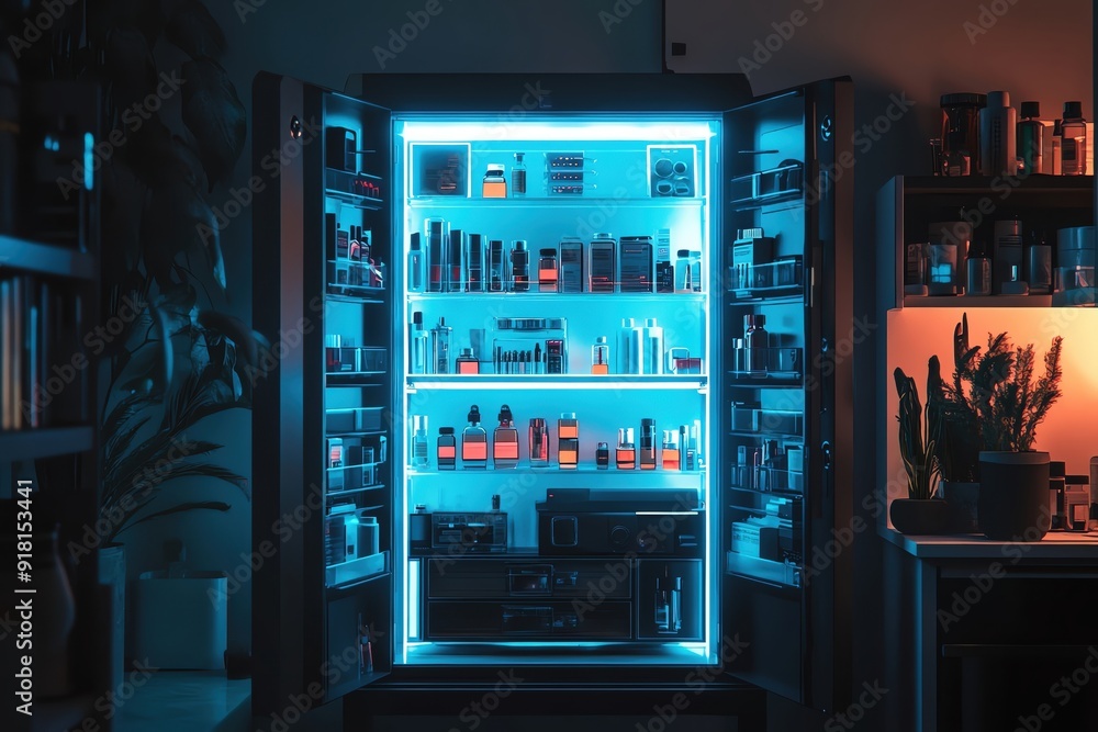 A cybermedicine cabinet filled with advanced health tech, including wearable devices, smart pills, and nanotech injections, glowing softly in a dark room A cybermedicine cabinet filled with advanced health tech, including wearable devices, smart pills, and nanotech injections, glowing softly in a dark room