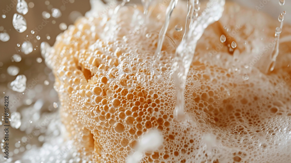 Close-up of a loofah being used on the back, emphasizing the gentle exfoliation and foamy lather Close-up of a loofah being used on the back, emphasizing the gentle exfoliation and foamy lather