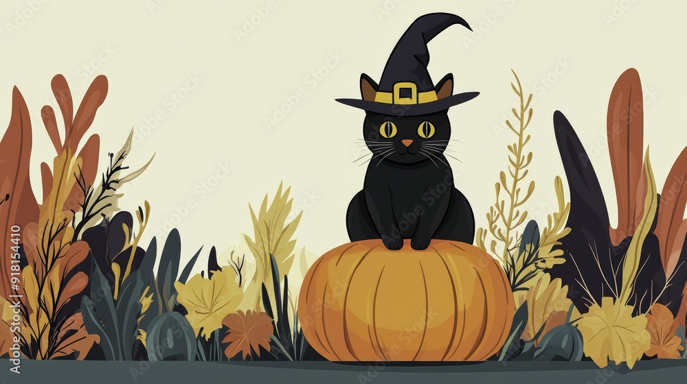 Black Cat in Witch Hat on Pumpkin Black Cat in Witch Hat on Pumpkin