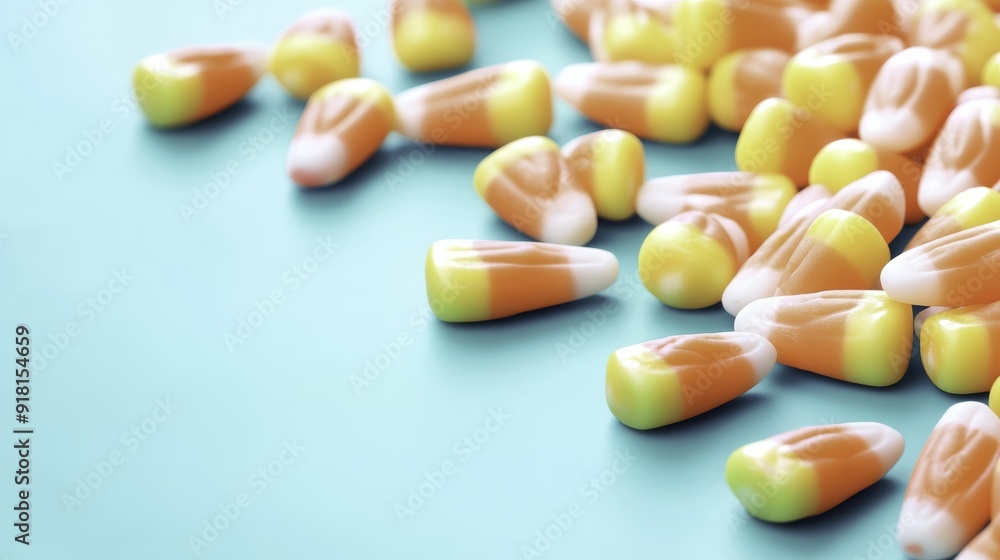 Candy Corn Scattered on Blue Background