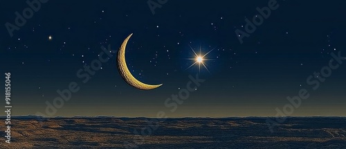 Crescent Moon and Star Desert Night Islam Religion Spiritual Symbol - Generative AI