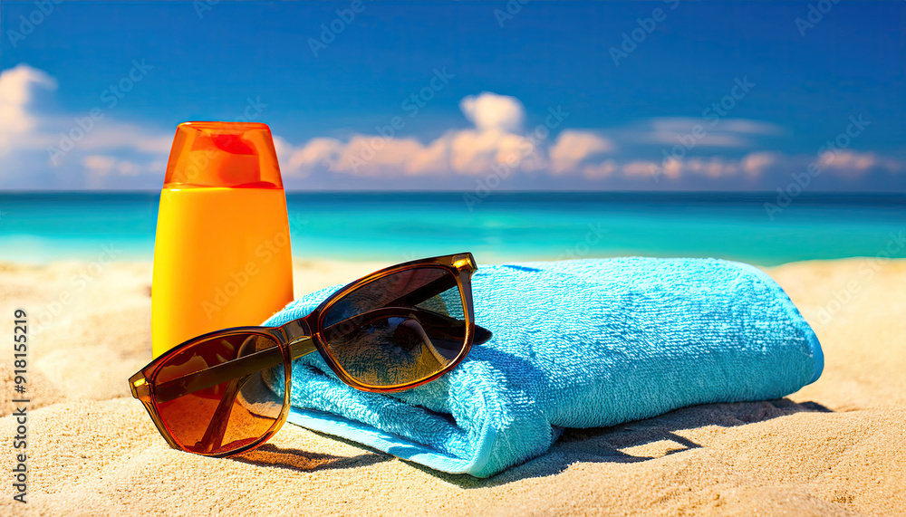 Sunglasses with a towel and sunscreen at the beach