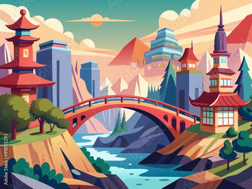 Bridges city landscape anime style