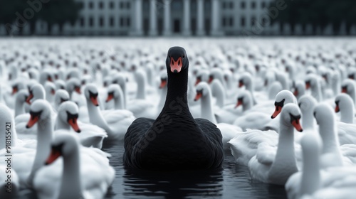 Fototapeta Naklejka Na Ścianę i Meble -  A black swan amid a crowd of white swans, in front of a government building, illustrating an unexpected political event 
