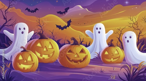 Halloween Night with Jack-o-Lanterns and Ghosts